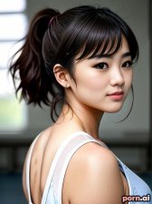 Eun Choi, as a eighteen year old woman, big ass, roman, tribal, ahegao, korean, brunette, ponytail, ((posing)), at a gymnasium, ((looking up at viewer))
