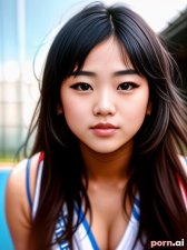 Eun Choi, as a eighteen year old woman, big ass, roman, tribal, ahegao, korean, brunette, ponytail, ((posing)), at a gymnasium, ((looking up at viewer))
