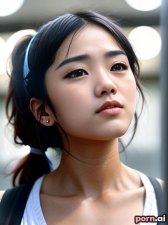 Eun Choi, as a eighteen year old woman, big ass, roman, tribal, ahegao, korean, brunette, ponytail, ((posing)), at a gymnasium, ((looking up at viewer))
