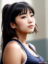 Eun Choi, as a eighteen year old woman, big ass, roman, tribal, ahegao, korean, brunette, ponytail, ((posing)), at a gymnasium, ((looking up at viewer))
